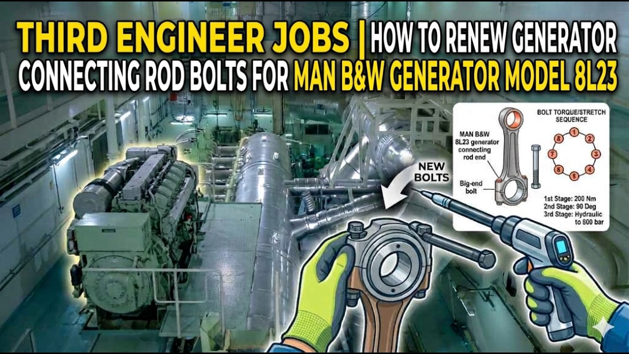 THIRD ENGINEER JOBS......HOW TO RENEW GENERATOR CONNECTING ROD BOLTS FOR MAN B&W 8L23
