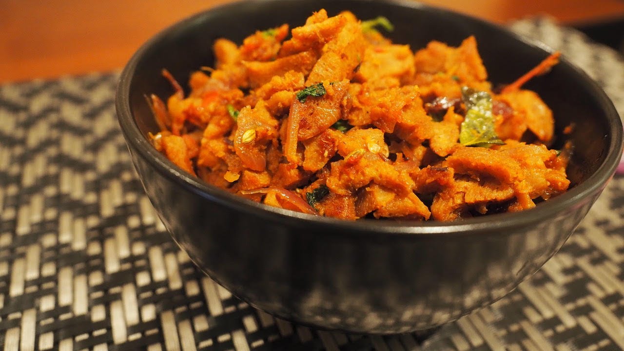 Spicy Soya Stir Fry dry roast ularthiyadhu vegan mock meat recipe