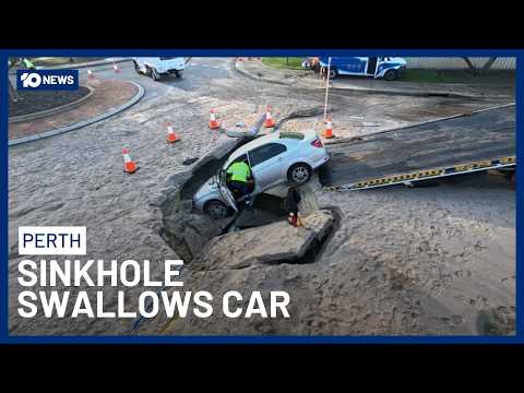 Driver's Car Swallowed By Sinkhole After Burst Water Main In Perth | 10 News