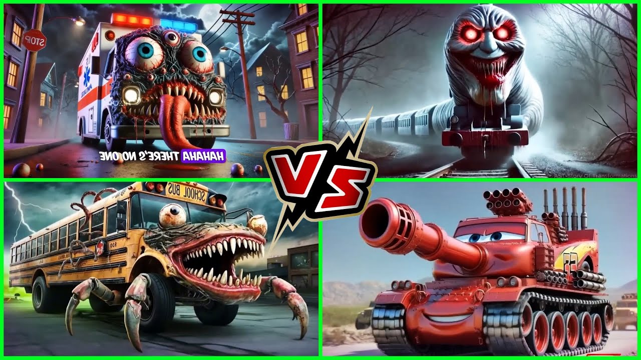 👉 “Monster Car Battle: Haunted Train vs Killer Ambulance vs Demon Bus vs War Tank!”