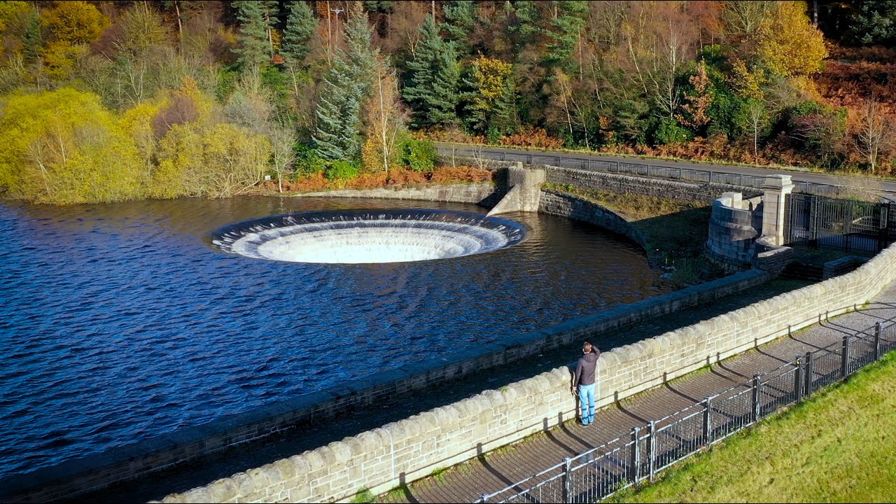 Ladybower Reservoir's plug hole during drought and flood, could you be sucked in?