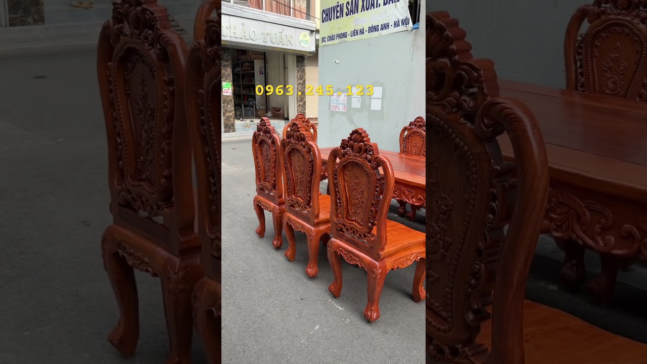 Bộ bàn ăn 8 ghế luis hoa hồng gỗ hương đá