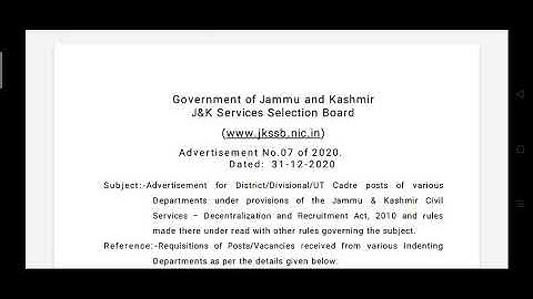 JKSSB :FRESH Advertisement No.07 of 2020. Total Number of posts advertised = 458