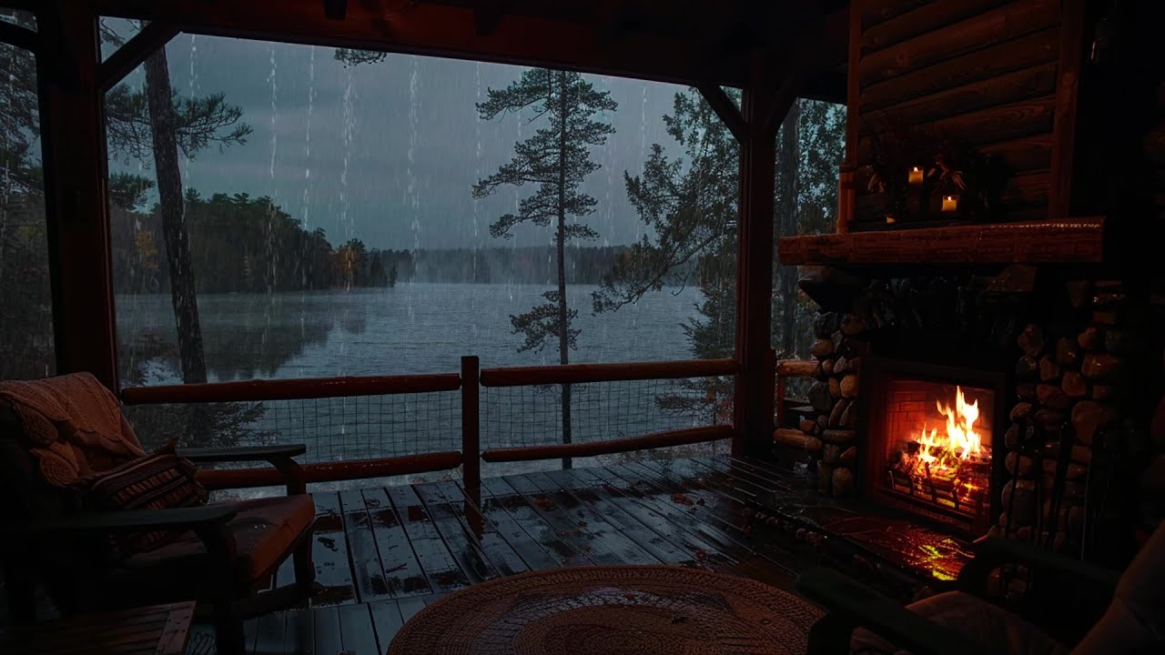 Cozy Rain on The Porch with Crackling Fireplace and Rain Sounds to ...