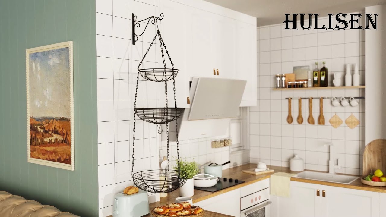HULISEN 3 Tier Hanging Fruit Basket with Hook - the ultimate space-saving solution for your kitchen!