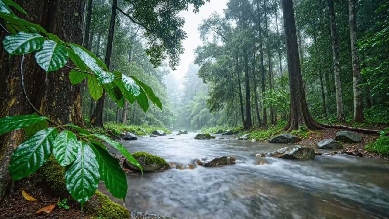 Gentle Forest River Rain Ambience in a Misty Evergreen Woodland for Deep Sleep and Calm Focus
