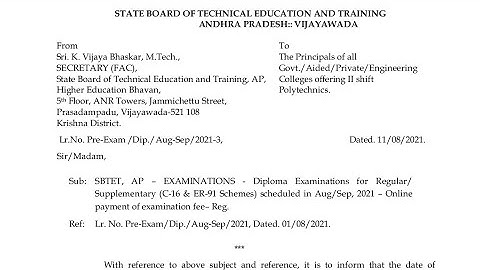 AP SBTET Exams Aug/Sep 2021 Notification release | AP Diploma Regular/Supply Exams Time Table 2021