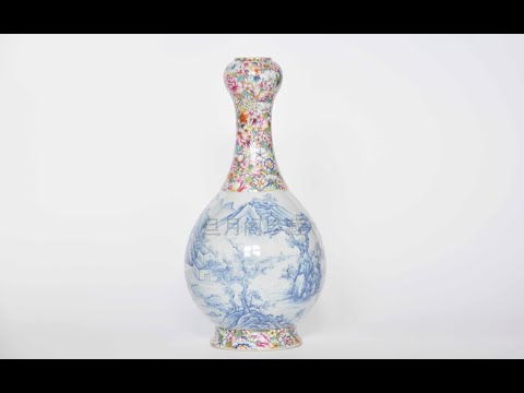 旦月阁珍藏/大清乾隆年制款琺瑯彩錦地通景青山水蒜头瓶- YouTube