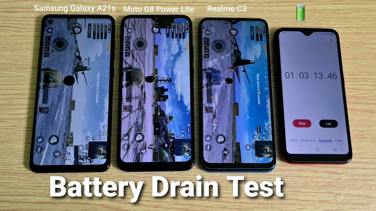 Samsung Galaxy A21s Vs Motorola G8 Power Lite Vs Realme C3 Battery Drain Test Youtube