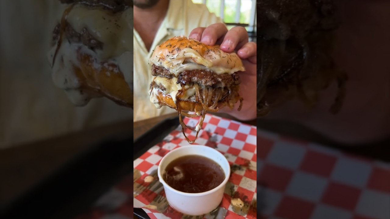 The FRENCH ONION BURGER from Tony Beef in New Jersey! 🍔💦🤤 INSANE! Love this spot! 🔥 #DEVOURPOWER