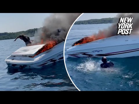 Dramatic video shows men leaping off burning boat seconds before it explodes