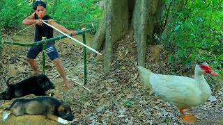 Survival in the rainforest- Man smart dog shoot duck by bamboo bow and eat duck -Eating