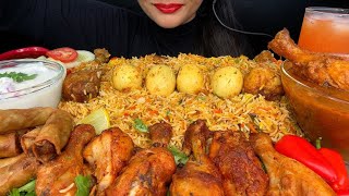 SPICY HYDERABADI CHICKEN BIRYANI.CHICKEN LEG PIECE.GRILLED CHICKEN.CHICKEN CURRY.RAITA ASMR EATING