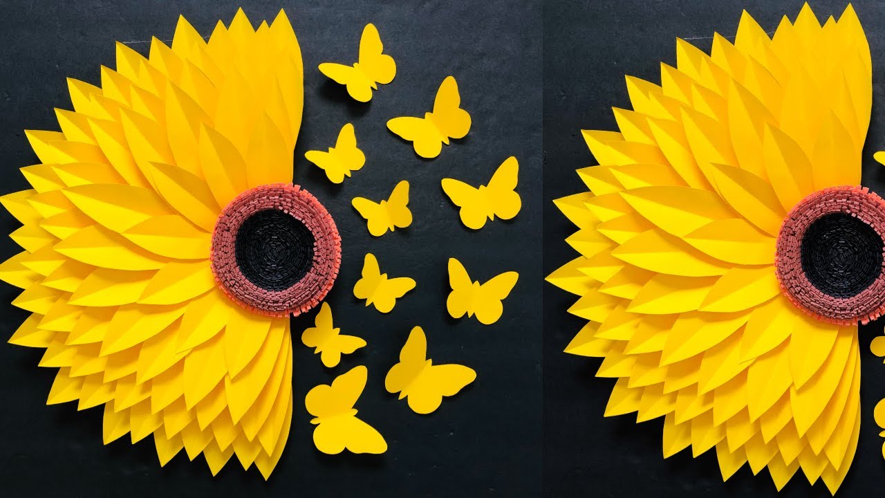 Half Sunflower With Butterflies Making With Paper Paper Sunflower