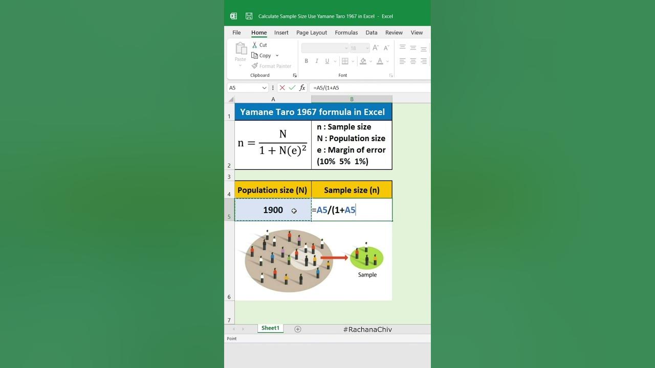 How to determine sample size using yamane taro 1967 in microsoft excel