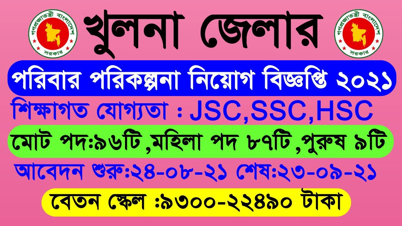 পরিবার পরিকল্পনা নিয়োগ বিজ্ঞপ্তি 2021খুলনা জেলা.Family Planning job