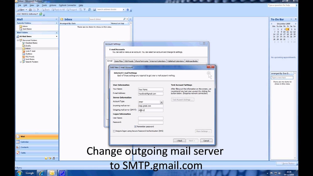 outlook 2007 email settings for gmail