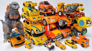 Giant TRANSFORMERS Car Park of Robot Tobot Car Toys: BUMBLEBEE Revenge GODZILLA (Animated) TRAIN JCB