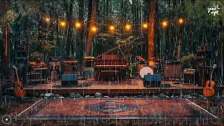 Rainy day, jazz music + rain sound ASMR at an outdoor performance hall in the forest