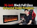 36 Inch Black Glass Crystal Electric Fireplace | 13 Color Flame,, Recessed & Wall Mounted