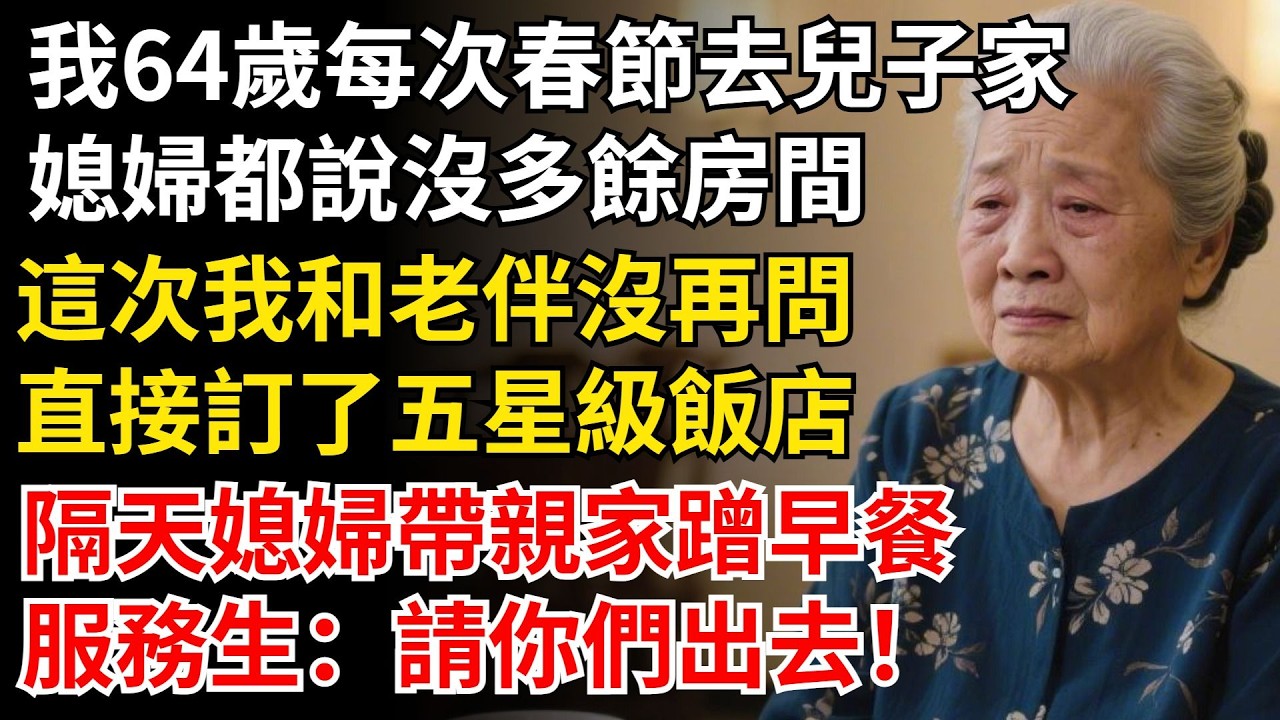 我64歲每次春節去兒子家，媳婦都說沒多餘房間，這次我和老伴沒再問，直接訂了五星級飯店，隔天媳婦帶親家蹭早餐，服務生：請你們出去！ #晚年生活#中老年生活#為人處世#生活經驗#情感故事#幸福人生