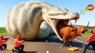 Brave Heroes Save Exhausted Cow from Giant Mutant Python’s Attack🐂🐍