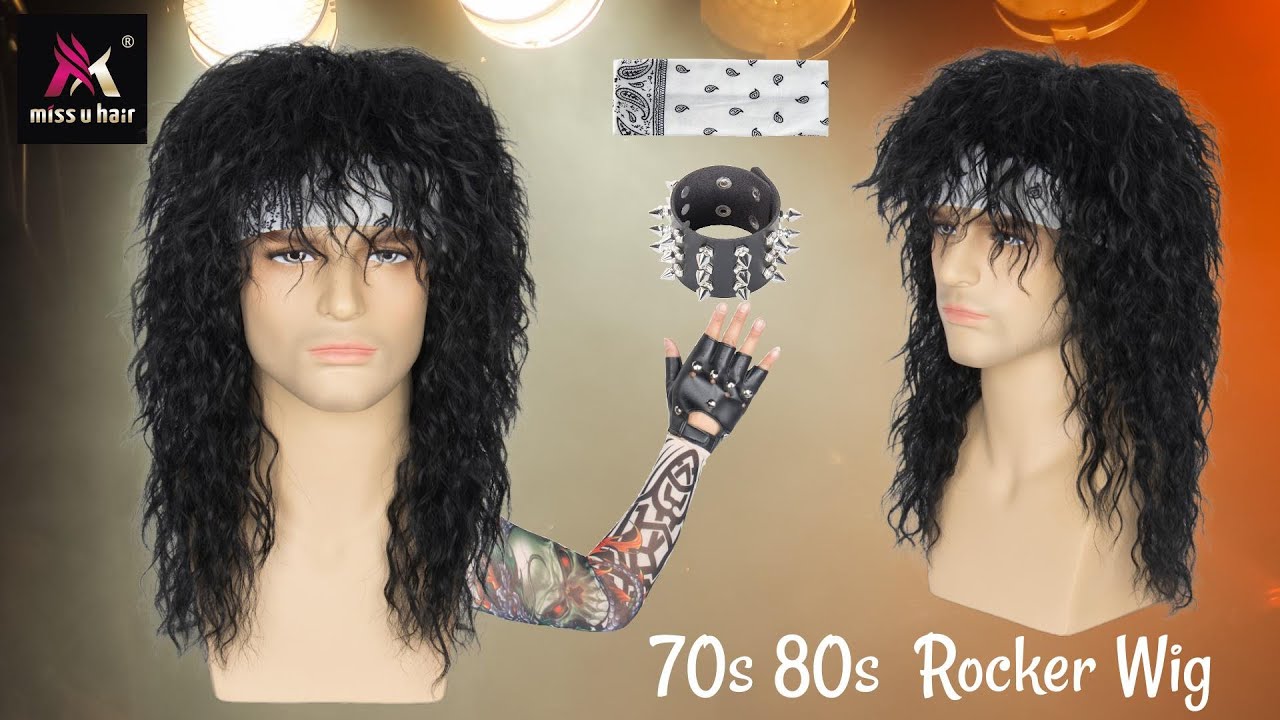 Missuhair 70s 80s Wig for Men Long Black Rocker Costume Set
