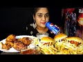 Eating hot spicy fried chickenchicken burgerfrench friespepsitomato sauce mayonnaise asmr