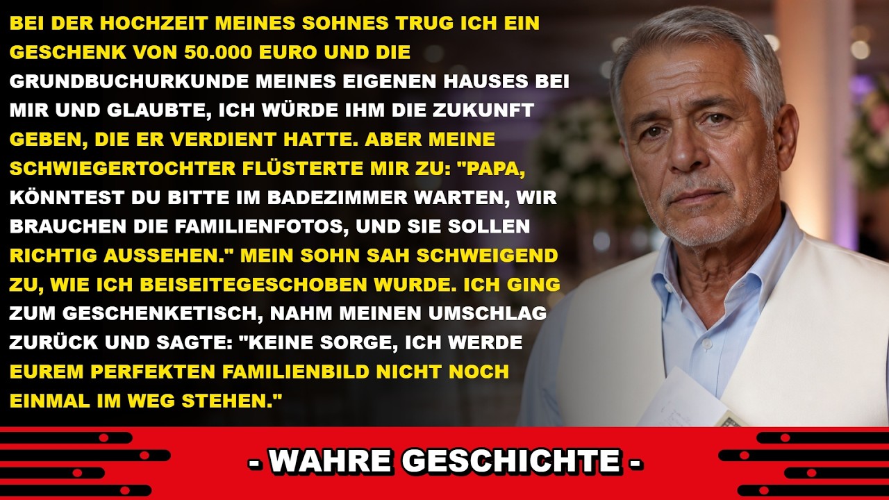 Ich bin 68, und am Hochzeitstag meines einzigen Sohnes stand ich mit einem Umschlag unter dem Arm – 5.000 Euro und die Grundbuchurkunde meines Hauses – vor dem Familienfoto-Termin. Da flüsterte...