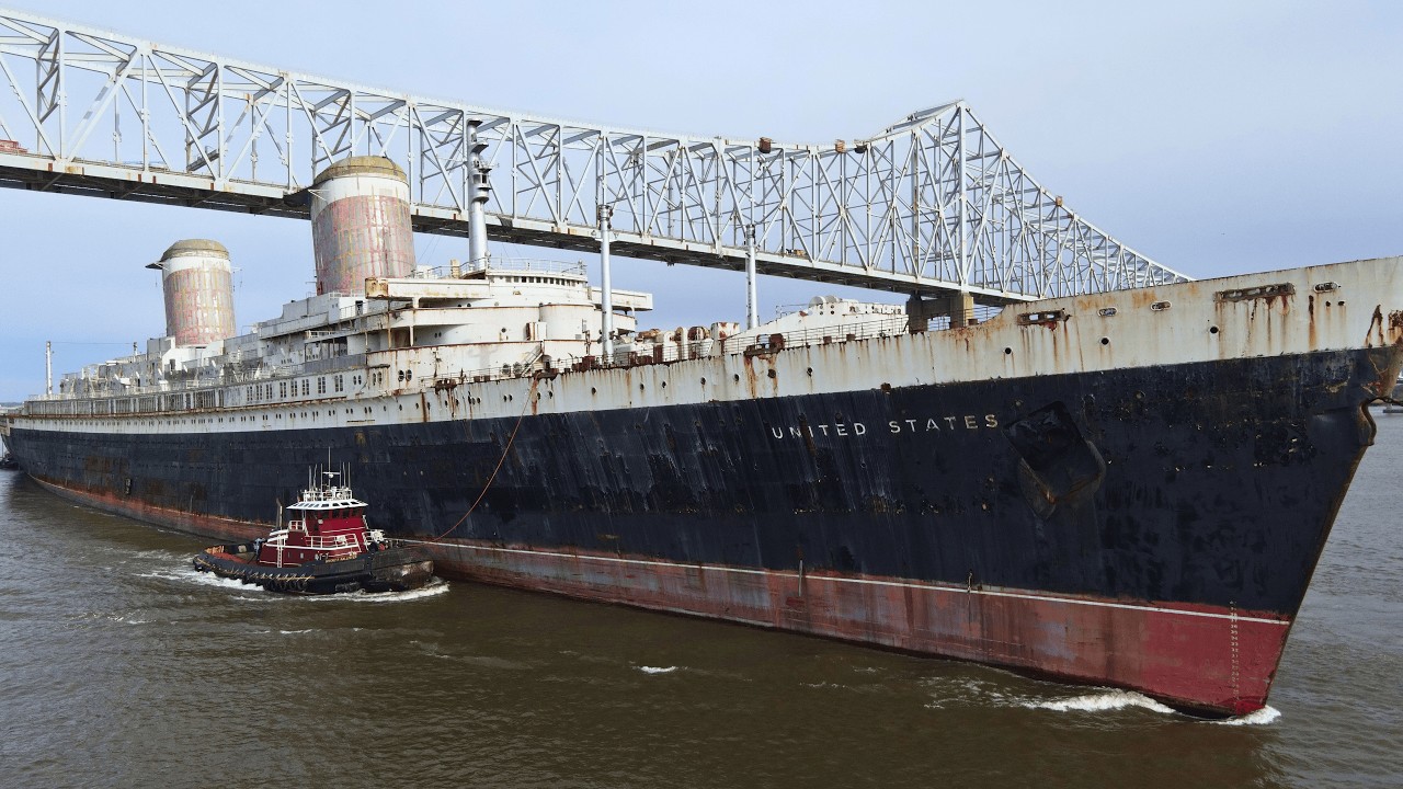 SS United States Leaving Philadelphia Drone Footage 4K