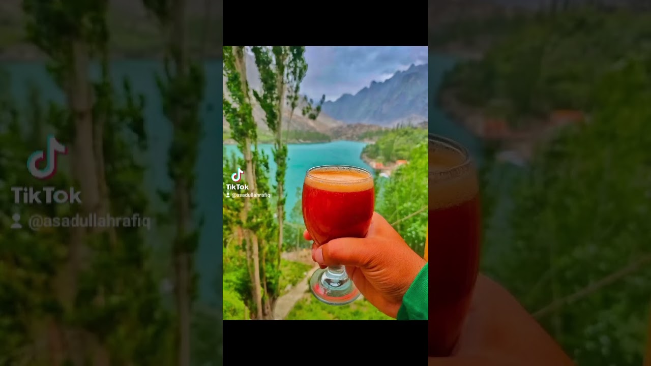 Apricot Juice with the scenic view of Upper Kachura Lake