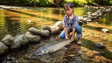 Little Girl Catches Giant Fish Using Rocks to Block the Stream — Brilliant Technique