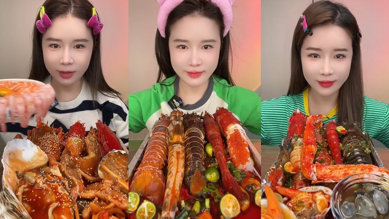 Yummy #313:Eat seafood 🦞 salmon red devil shrimp 🍤🦐 squid 🦑🐙 lobster#mukbang #yummy #delicious 