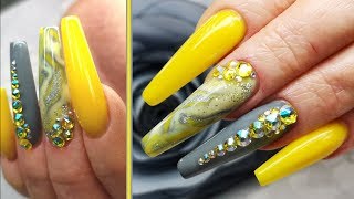 Acrylic Marbled Yellow and Grey Full Look with Bling and Glitter