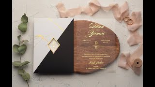 Acrylic Clear Wedding Invitation, Black White Envelope, Gold Foil Letterpress Printed Wedding Card