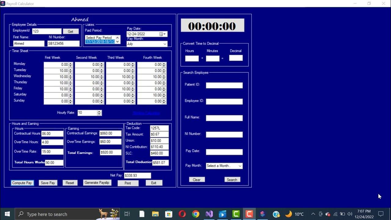 PayRoll Calculator Using Parameters for SQL Server Queries and
