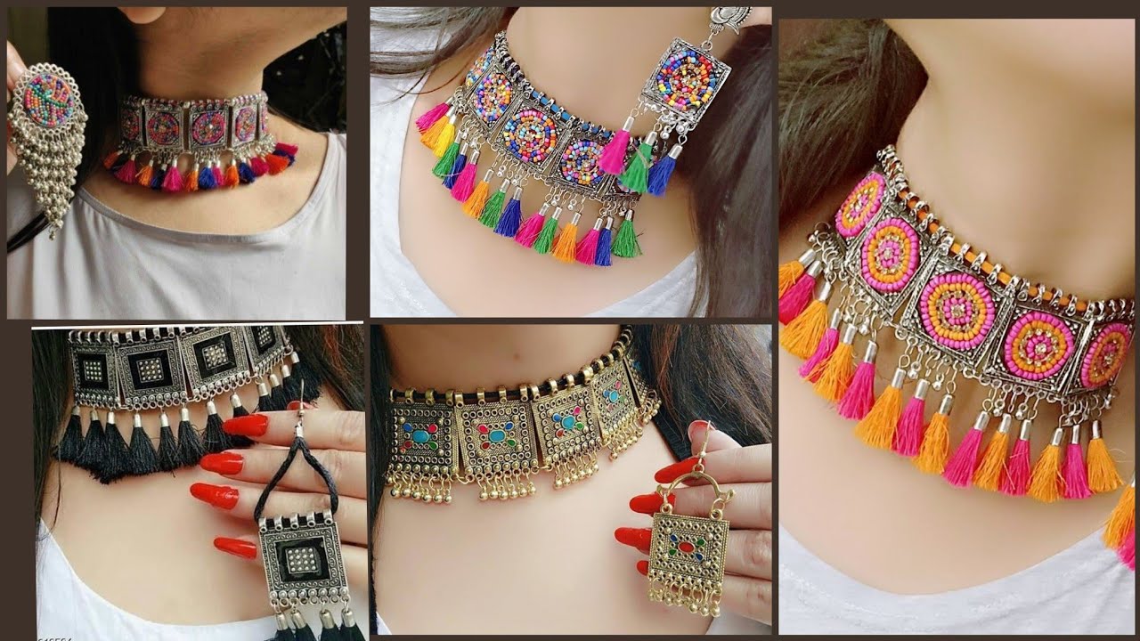 Beautiful Afghani Beaded Choker Sets With  thread Tussles & Ghungroo