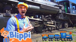 blippi explores a steam train learning trains for kids