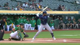 Yandy Díaz leads off the top of the 1st inning by crushing a home run to left field, A's vs Rays