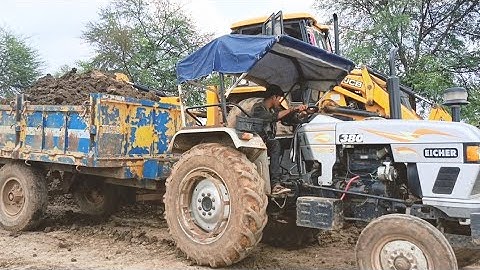 JCB_3DX Loading Mud In EICHER 380 DI Tractor Trolley Heavy Loaded
