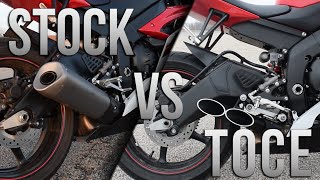 2014 Yamaha R6 TOCE Double Down Slip On Exhaust - VS - Stock Comparison