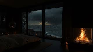 🌊 Fierce Seaside Thunderstorm at Midnight | Cozy Cabin Fire and Rain Sounds for Restful Sleep