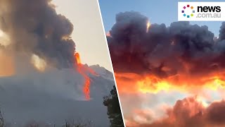 Lava flows following eruption at Italy's Mount Etna volcano