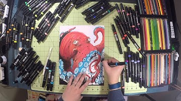 INDIA INK & PRISMACOLOR PREMIER DOUBLE-ENDED ART MARKERS OCTOPUS DRAWING