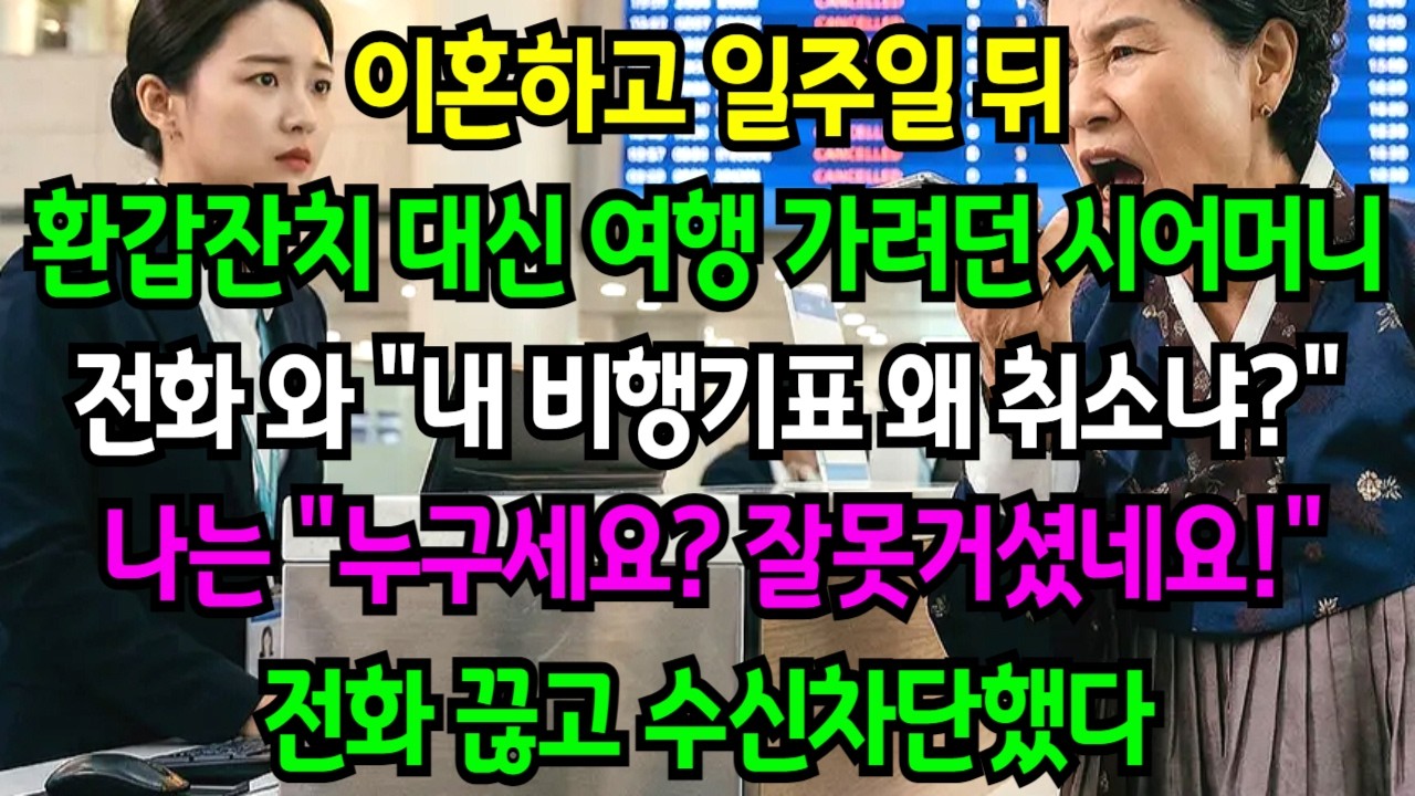 이혼하고 일주일 후 환갑잔치 대신 여행 가려던 시어머니가 공항에서 전화 와 야 니가 내 비행기표 취소했냐 나는 누구세요 잘못거셨네요 라며 전화를 끊고 수신차단 했다