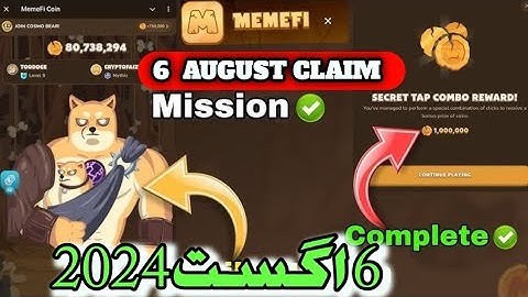 Memefi Secret Reward Combo 6 august|  Memefi Coins Code |Memefi Secret Code|  Memefi Coin combo Code