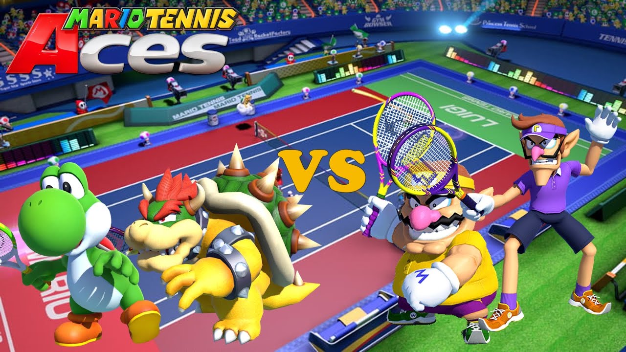 Mario Tennis Aces - Yoshi & Bowser vs Waluigi & Wario - Marina Stadium (Night)