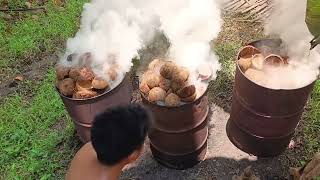 how to make charcoal from coconut shell using old drums