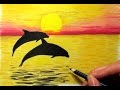 Landscape in Colored Pencil: Sunset and 2 Dolphins Drawing Nature Scenery Sky Sea | Jasmina Susak