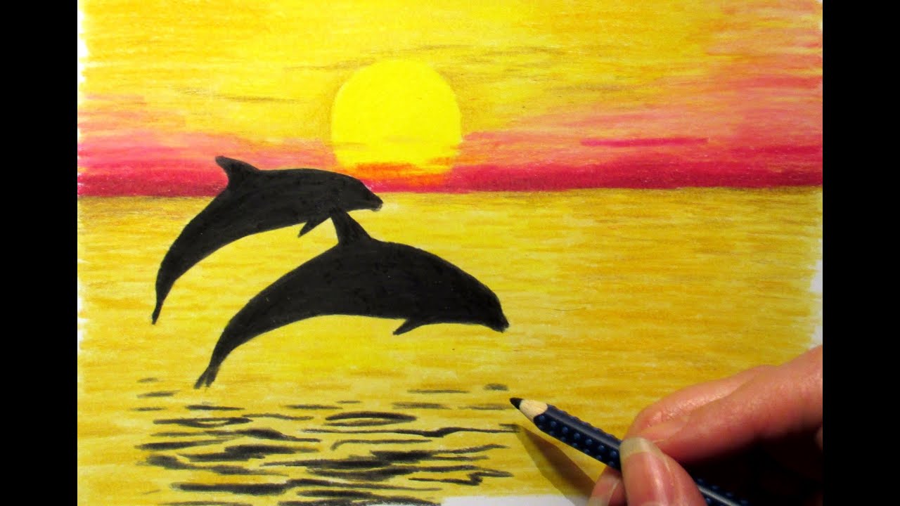 Landscape in Colored Pencil Sunset and 2 Dolphins Drawing